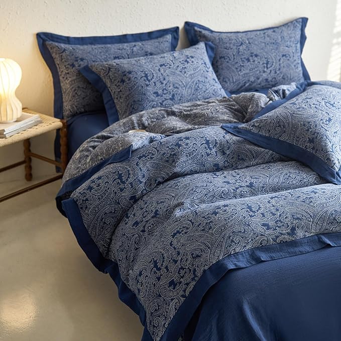 Full Duvet Cover Vintage Blue Floral Duvet Cover Boho Paisley Bedding Set Linen Cotton Yarn-Dyed Textured Duvet Cover with Zipper Closure Reversible Paisley Flower Comforter Cover with 2 Pillowcases
