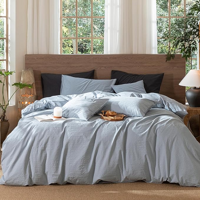 MooMee Wavy Striped Duvet Cover Set 100% Washed Cotton Linen Like Textured Breathable Durable Soft Comfy (Cornflower Blue, King 104"x90")