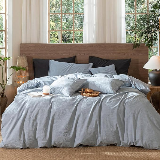 MooMee Wavy Striped Duvet Cover Set 100% Washed Cotton Linen Like Textured Breathable Durable Soft Comfy (Cornflower Blue, King 104"x90")