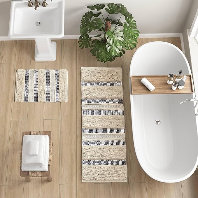 Ink+Ivy Bath Rug Hand-Woven Texture Shaggy Striped Soft & Water Absorbent, Boho Bathroom Décor Bath-Mats, Non-Slip Absorbent Quick Dry Mats for Tub, Shower Room, Asher, 22x58, Navy 1 Piece