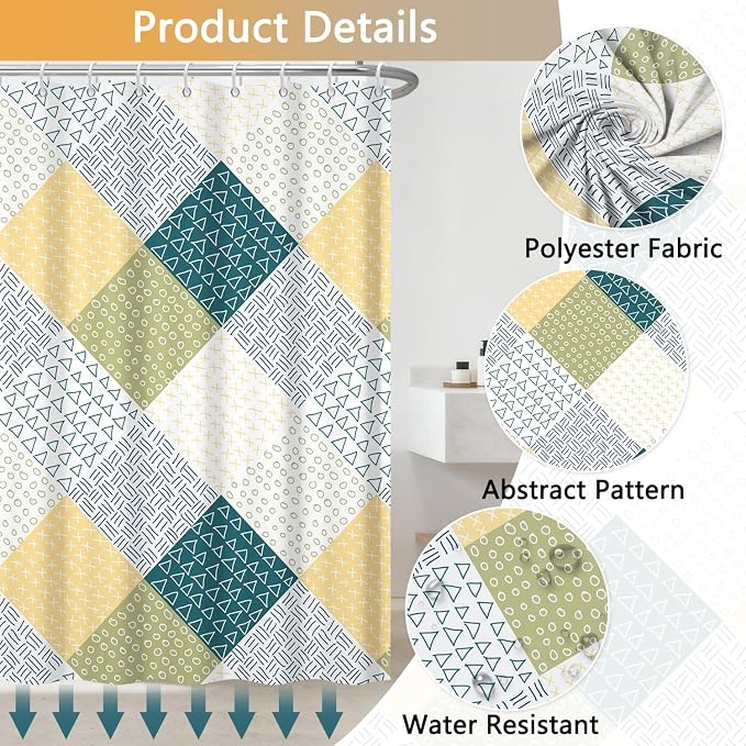 Boho Green and Yellow Shower Curtain, Modern Chic Abstract Geometric Striped Pattern Bathroom Curtains, Minimalist Hotel Style Polyester Shower Curtain, Waterproof Fabric with Hooks, 72" W x 72" L