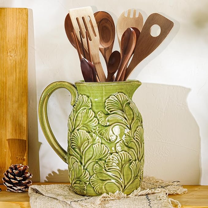 Sungmor Embossed Ceramic Pitcher Vase, Decorative Green Farmhouse Ceramic Pitcher for Flowers, Vintage Textured Vase for Table, Kitchen & Home Decor, 8 Inch with Ice Crackle Glaze Finish