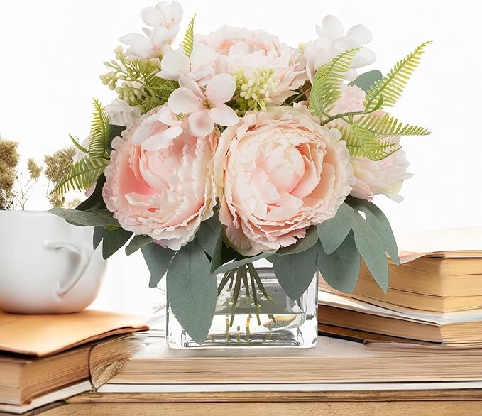 ENOVA FLORAL Artificial Flower Arrangement with Vase,Mixed Artificial Silk Peony Flower in Vase for Decoration Home Office, Wedding Centerpiece (Pink)