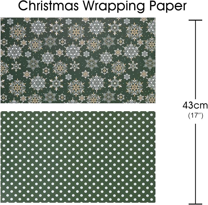 MAYPLUSS Christmas Wrapping Paper Roll - 17IN X 33FT - Green Gift Wrapping Paper Featuring Snowflake Against Dark Green Reversible Polka Dot for Kids, Holiday, New Year