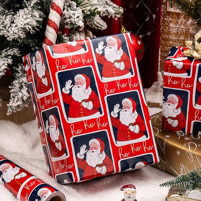 MAYPLUSS Vintage Christmas Santa Wrapping Paper Roll - 17 Inch X 33 Feet - Reversible Red Festive Season's Greetings Santa Holiday Christmas Gift Wrap Thick Paper for Holiday, Birthday, New Year
