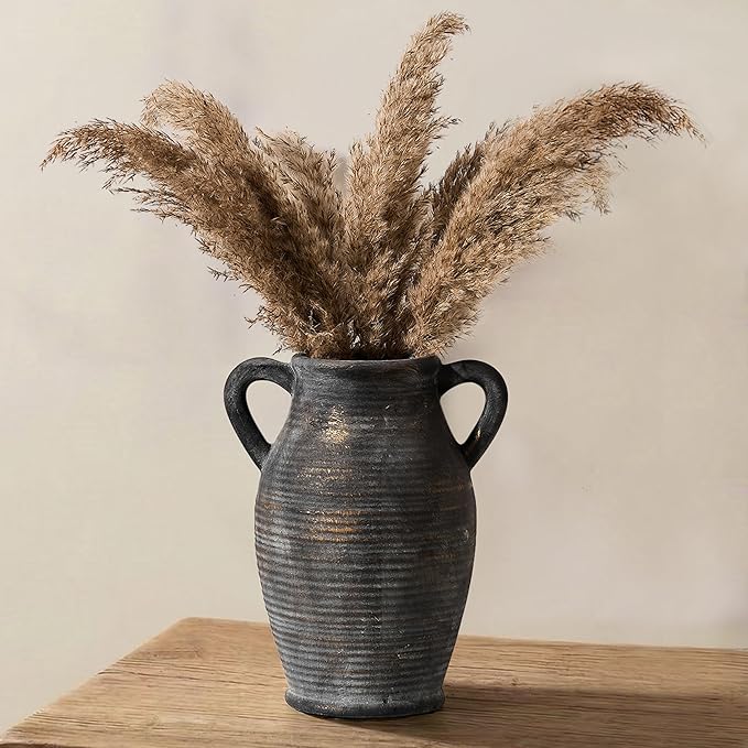 Large Ceramic Rustic Vase with 2 Handles, 9.8 inch Farmhouse Flower Vase, Minimalist for Home Decor, Living Room, Shelf Decor, Pampas Grass, Enterway, Table Decoration, Gift, Bronze