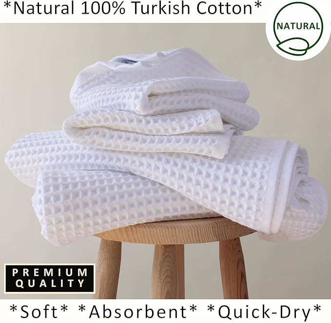 PÜSKÜL 4-Piece Natural 100% Turkish Cotton Luxury Waffle Towels for Bathroom | Premium Quality Honeycomb Weave 2 Hand Towel & 2 Bath Towel Set | Soft Absorbent Quick-Dry Lightweight Towels (White)