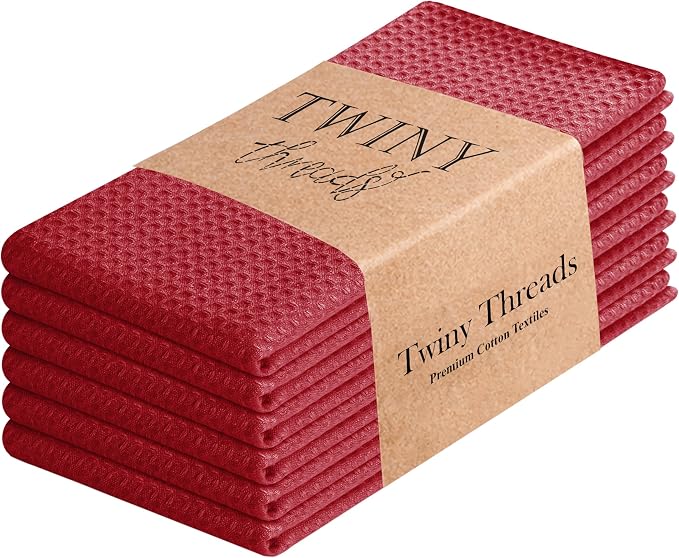 TWINY threads Kitchen Towel Waffle Weave, 6 Pack, 16x26 Inches, Premium Cotton Wash Rags, Absorbent Quick Drying Linen for Home and Restaurant Kitchens, Reusable Dish Cloths for Drying Dishes, Red