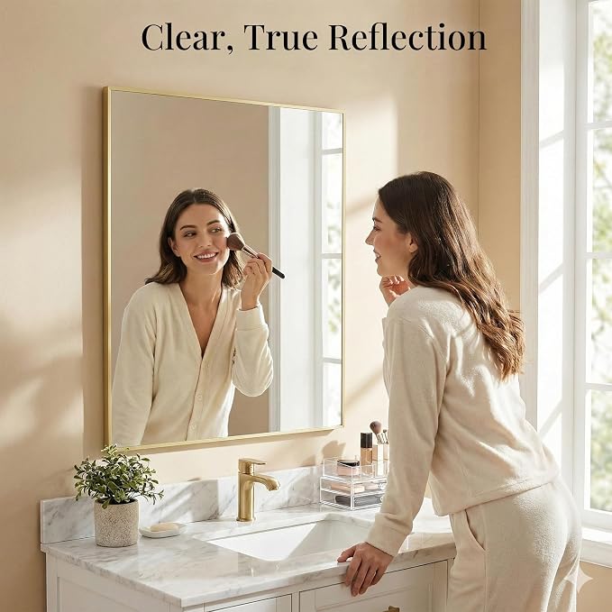30"x36" Gold Bathroom Mirror for Wall, Shatterproof Tempered Glass, Brass Tone Rectangle Narrow Frame, H/V Wall-Mounted, Ultra-Flush