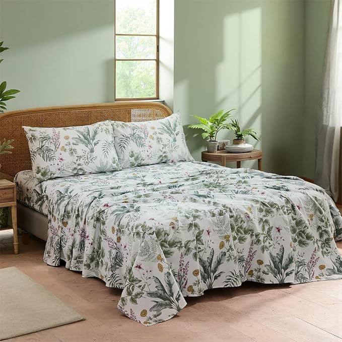100% Cotton Sheet Set Queen Size – 4-Piece Vintage Sage Green Floral Bedding Set, Soft Breathable Percale Weave, Deep Pocket Fitted Sheet 17.5", Crisp Cool Feel, Refined Botanical Elegance