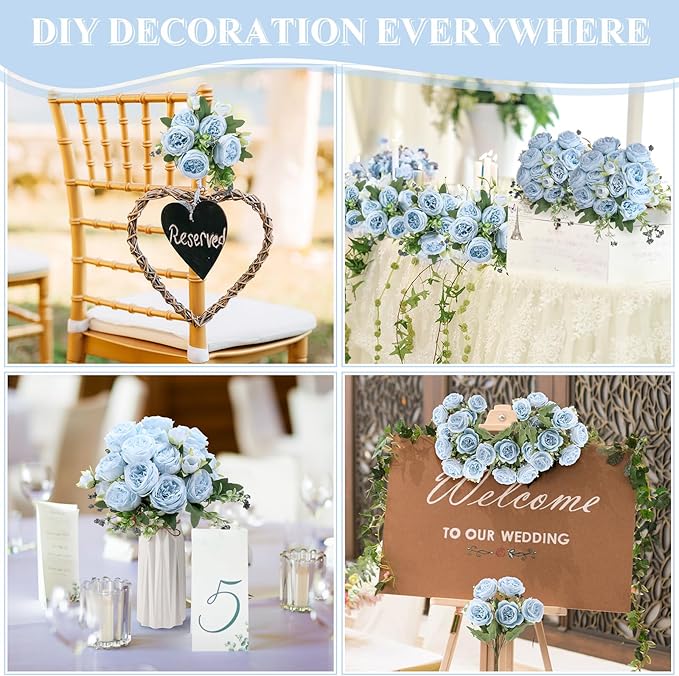 16 Bundles Artificial Peonies Silk Peonies Faux Flower Bouquet Fake Peony Flower Arrangements Table Centerpieces for Vase Wedding Party Boho Home Office Decoration Bulk (Blue)
