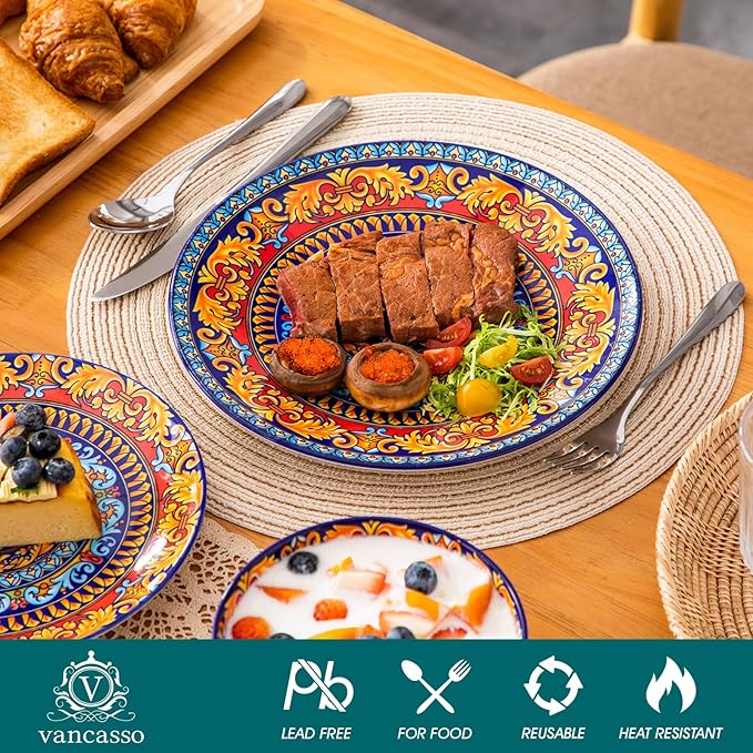 vancasso 18-Piece Dinnerware Sets,Ceramic Plates and Bowls Sets Service for 6, Bohemian Style Porcelain Dishes Set for 6, Microwave and Dishwasher Safe, Scratch Resistant,Non Toxic, Series KRVI