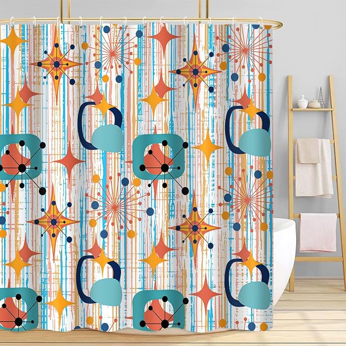 Mid Century Shower Curtain, 60x72inch, Modern Abstract Retro Colorful Striped Geometric Shower Curtain Sets 1950s Boho Bathroom Shower Curtain with 10 Hooks
