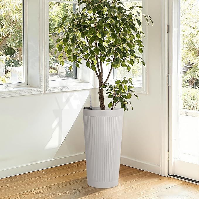 24" Tall Self Watering Planters for Indoor Plants, 2 Pack Large Plastic Outdoor Planter Pots with Built-In Water Reservoir and Level Indicator, Decorative Modern Flower Pots for Home & Patio (White)