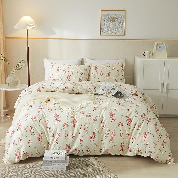 VM VOUGEMARKET Pink Floral Comforter Set Twin XL Cream Bedding Comforter for Teen Girls Women All Season Garden Flower Comforter Set