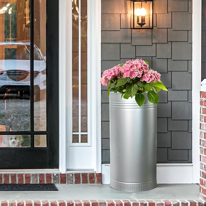 Worth Garden Galvanized Steel Planter 2-Pack - Large:28"x14.5" & Small:24"x12" - Tall Metal Plant Pots - Large Handcrafted Decoration Flower Pot for Indoor Outdoor, Deck, Patio, Front Porch - Silver