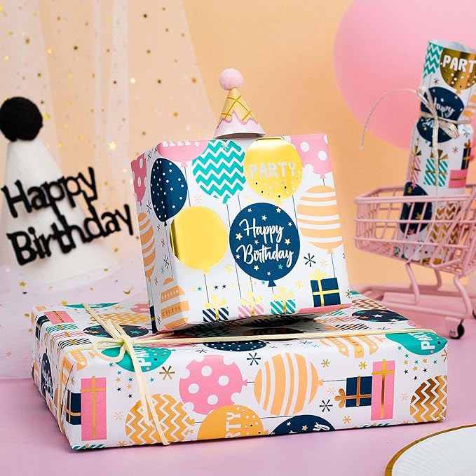 Homeral Birthday Wrapping Paper Roll - Cute Colorful Balloon with Gold Foil Metallic Shine Gift Wrap Paper for Birthday, Baby Shower, Party - Mini Roll - 17 Inch x 33 Feet