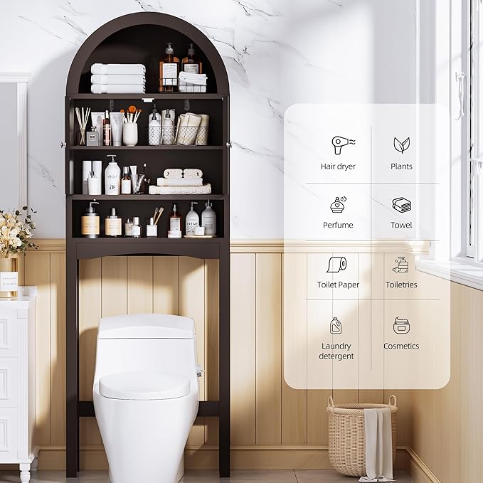 Spurgehom Over The Toilet Storage Cabinet, Bathroom Shelf Organizer Freestanding, Bathroom Arch Cabinet Over Toilet with Fluted Door and Anti-Tipping Device, Coffee