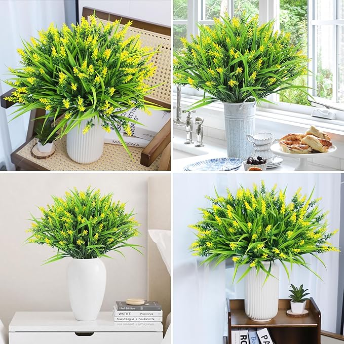 Ouddy Decor 24 Bundles Artificial Flowers for Outdoors, Fake Lavender Flowers Monkey Grass Faux Plastic Plants Shrubs UV Resistant for Porch Garden Window Box Office Home Decorations, Yellow