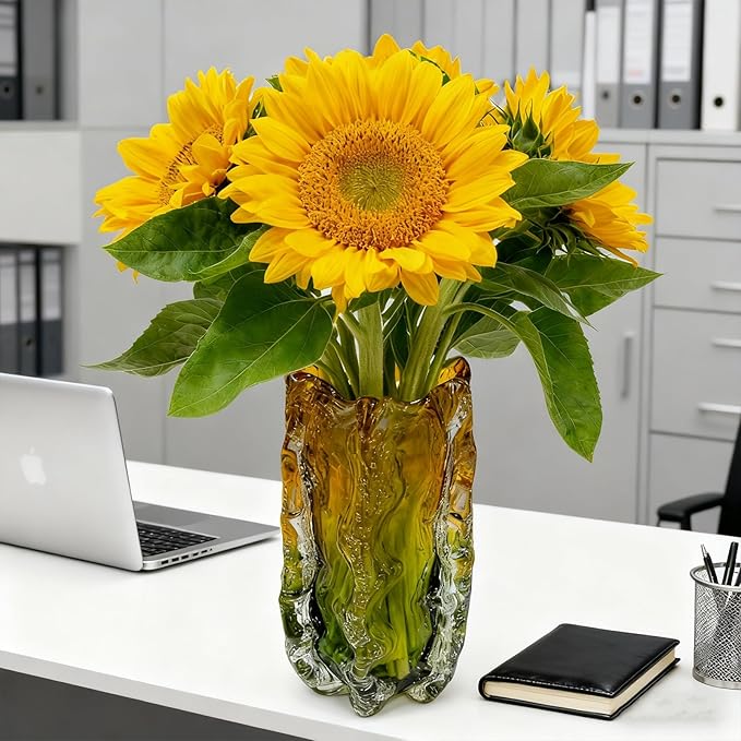 Blown Glass Bubble with Ruffled Edge Vase, Art Glass for Home Decor, Tall Vases for Centerpieces & Flowers, Crystal-Like for Bouquets & Pampas Grass, Vases Amber, Flower Bouquet Display (Yellow, L)