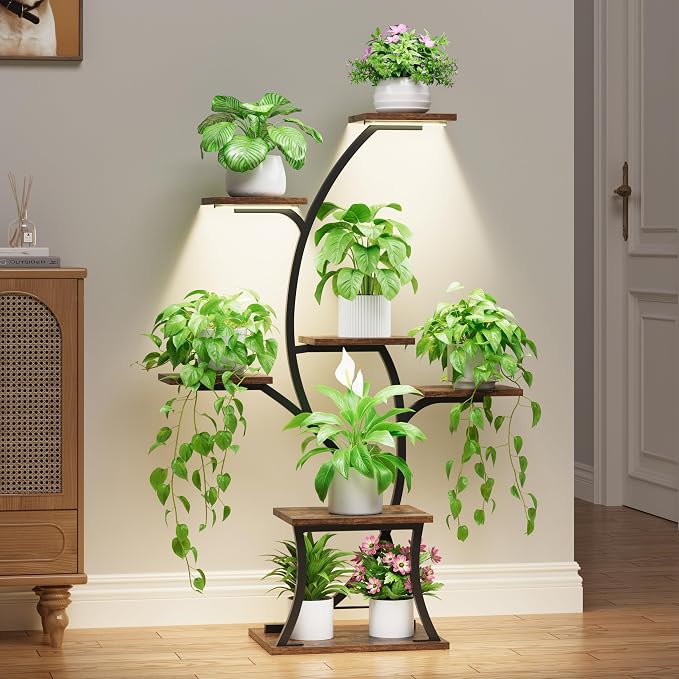 Indoor Plant Stand with Grow Lights, 7 Tiered, 44" Tall | Plant Shelf, Heavy Duty Anti-rust Iron Pipes, Water-resistant & Anti-corrosive Wood, Auto Timer, Long-lasting