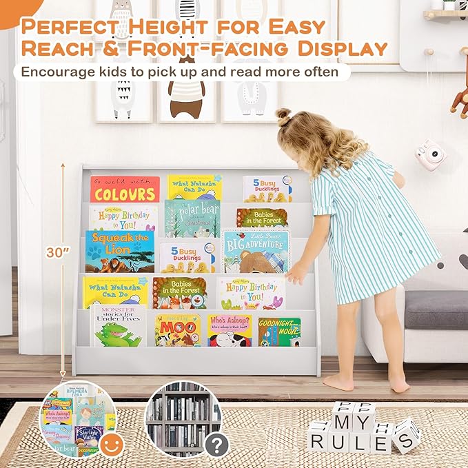 Costzon 5-Tier Kids Bookshelf, Wooden Children Bookcase, Toddler Book Rack, Magazine Storage & Display Shelf, Book Shelf for Kids Room, Living Room, Nursery, Classroom (White)