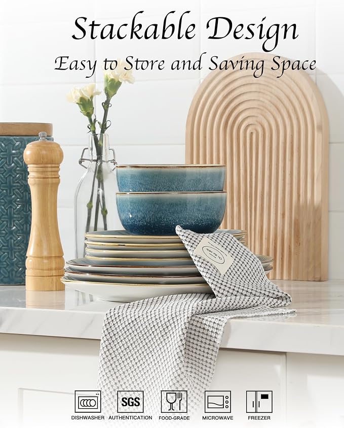 Sweejar Dinnerware Sets Service for 4, 12 pcs Porcelain Plates and Bowls for Kitchen, Housewaring Gift, Chip and Scratch Resistant Dish Set, Handmade Dishwasher and Microwave Safe Plate Set, Blue