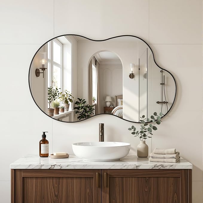 Irregular Wall Mirror, 26"x40" Asymmetrical Mirror with Metal Frame, Modern Unique Decorative Mirrors for Bathroom, Wall Decor, Entryway, Living Room, Black