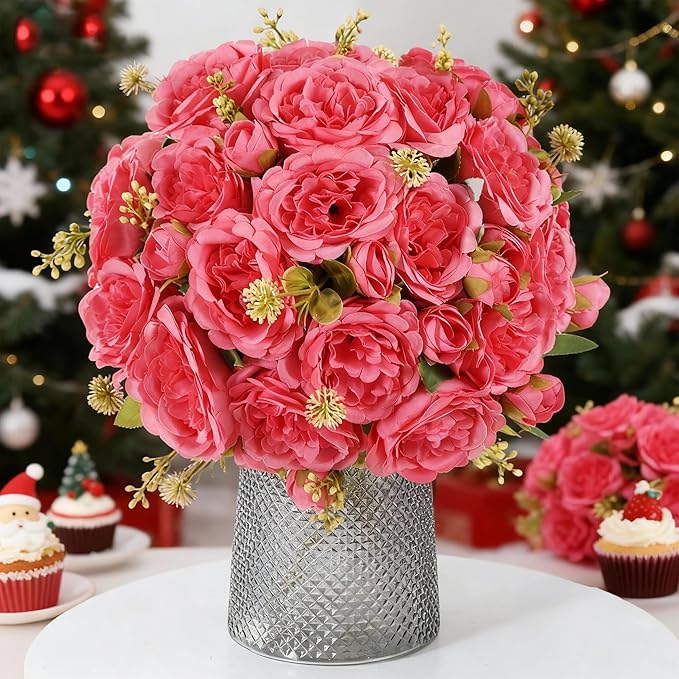 12 Packs Artificial Peonies Silk Flowers: Faux Peony Bouquet 12 Bundles, Fake Peonies Flowers Bulk for Centerpiece Table Wedding Party Home Decor for Christmas Decoration (Rose Red)