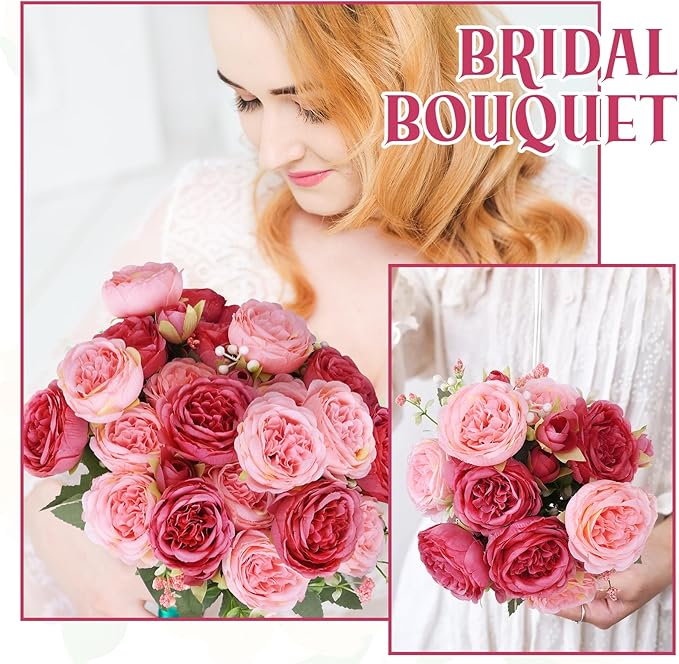 8 Pack Pink, Dark Pink Peonies Artificial Flowers, Fake Silk Hydrangea Bouquet for Bridal Wedding Home Table Decor Reusable Dining Opening Ceremony Birthday Arrangement Faux Floral