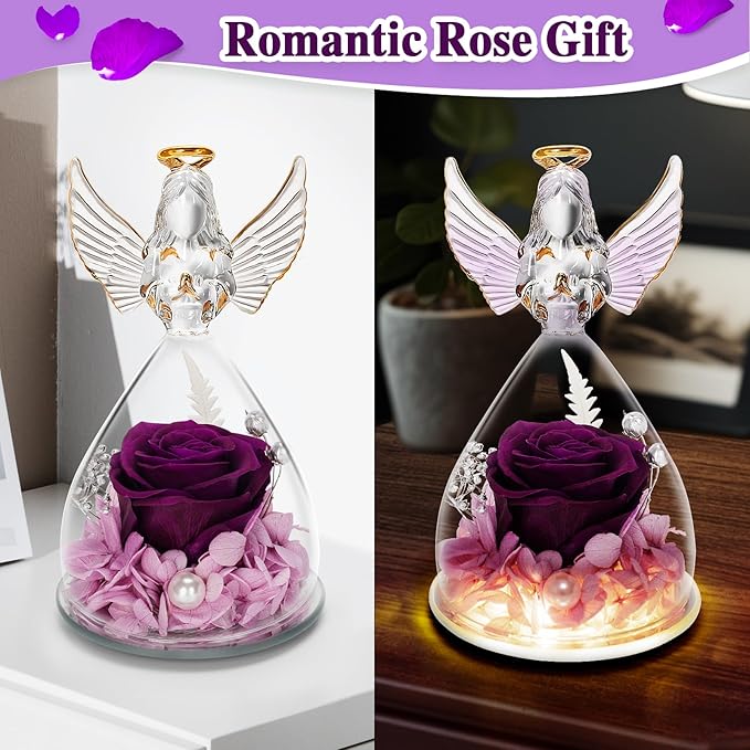 LURLIN Birthday Rose Gifts for Women, Preserved Flowers & LED Angel Figurines for Mom, Grandma, Wife, Friend, Teacher, Nurse & Anniversary Day Girls