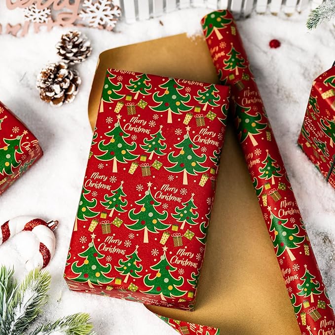 Yarcony Red Christmas Wrapping Paper, Thick Kraft Wrapping Paper, Vintage Traditional Red and Green Christmas Tree Pattern Brown Holiday Gift Wrap for Present Packaging (Mini Roll, 17 Inch X 33 Feet)