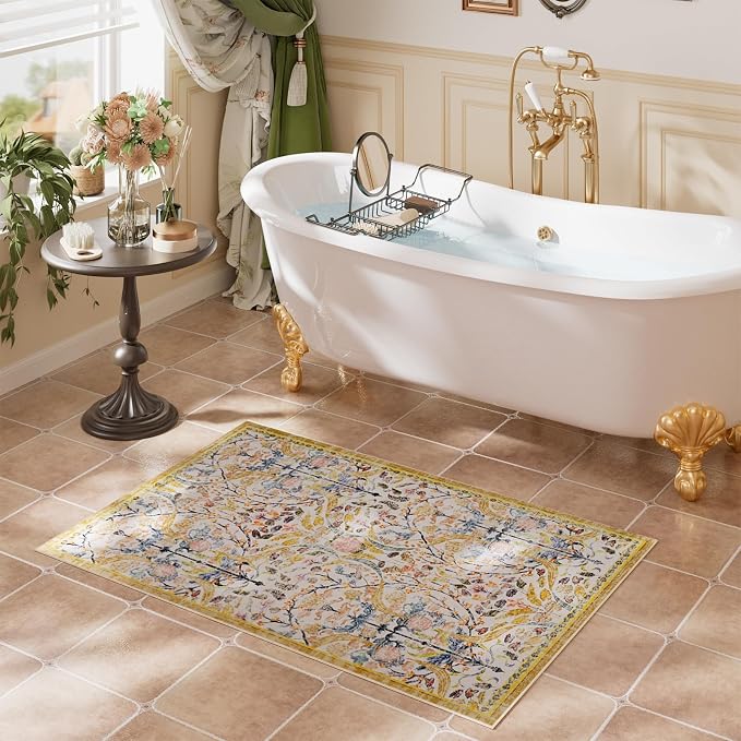 AMTOVO 2x3 Washable Indoor Welcome Door Mat, Vintage Boho Floral Distressed Print Non-Slip Area Rug, Small Throw Rugs for Entryway Indoor Entrance Kitchen Bathroom Laundry Bedroom Floor, Golden Yellow