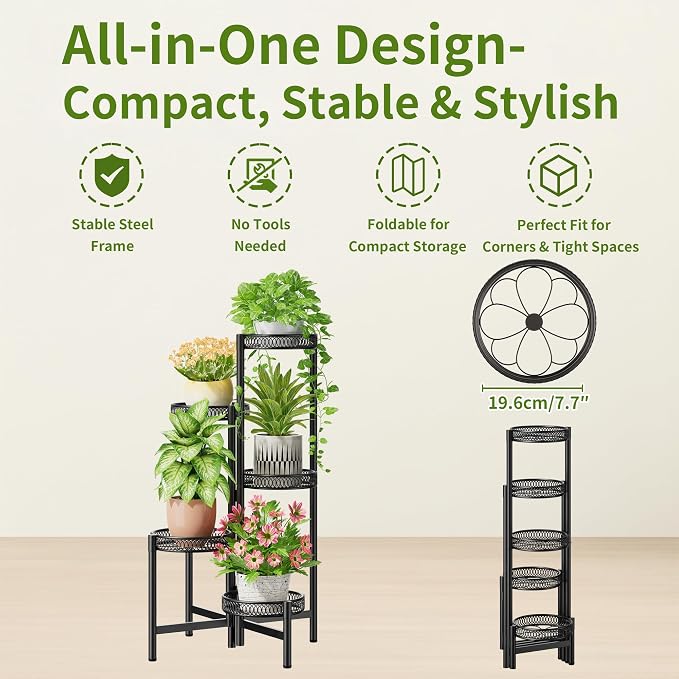 Plant Stand Indoor Outdoor, 5 Tier Corner Metal Flower Display Holder Stand, Folding Tall Plant Rack for Patio Balcony Porch Garden Living Room House, Heavy Duty Wrought Iron Plant Shelf - BlackFlower