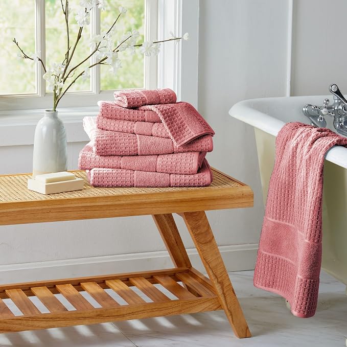 Market & Place 100% Cotton Super Soft Luxury Towel Set | Quick-Dry and Highly Absorbent | Waffle Textured | 550 GSM | 2 Bath Towels, 2 Hand Towels, & 2 Washcloths | Harper Collection (Rose)