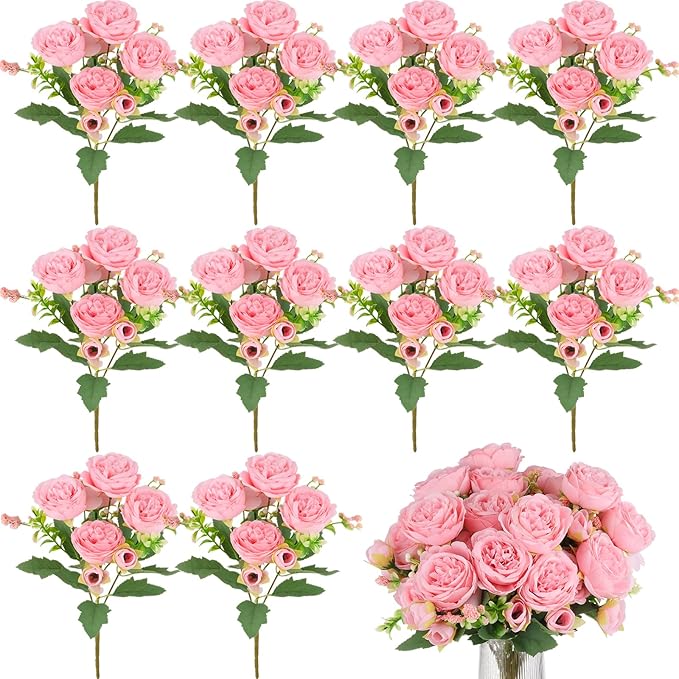 Olgaa 12 Bundles Peonies Artificial Flowers Artificial Peonies Silk Flowers Bulk Fake Peony Bouquet for Bridal Shower Decorations Wedding Table Centerpiece (Light Pink)