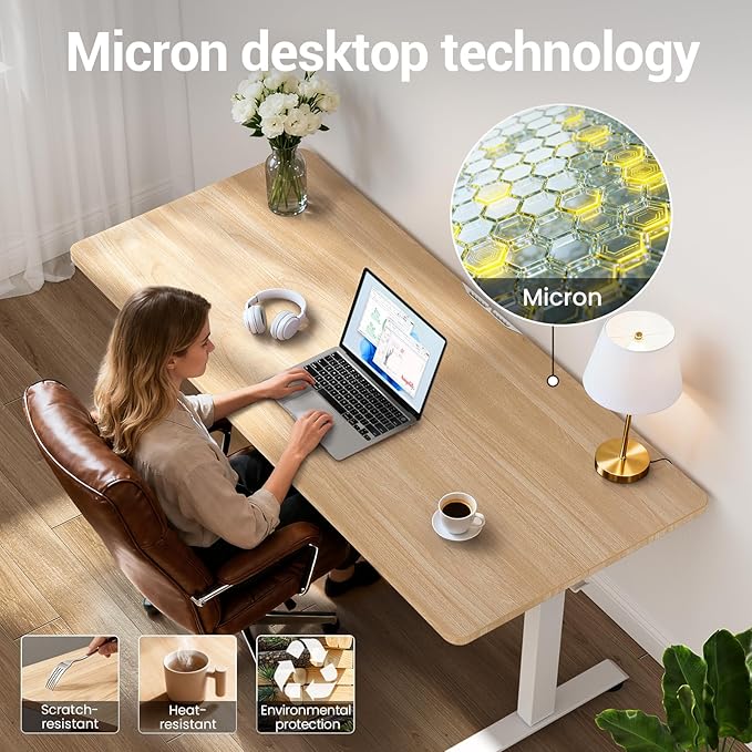 Veken 55 Inch Large Electric Standing Desk, 4 Memory Heights Adjustable,Sit to Stand Up, Work Home Office Computer Table for Study, Walking Pad, Writing, and Games, Wooden Desktop Desks, Nature Wood