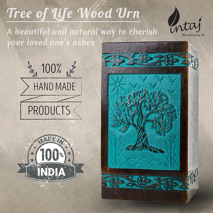 INTAJ Cremation Urn for Human Ashes - Wooden Urn Box for Ashes Handcrafted - Tree of Life Memorial Urn Funeral Cremation Urns (Teal Green, XX-Large (640lbs or 290kg))