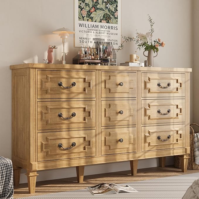 BLANKSPACE 9 Drawer Dresser for Bedroom, 35.7" Tall Dresser & Chest of Drawers wtih Vintage Surface, Closet Storage Cabinet for Living Room, Hallway, Natural Oak