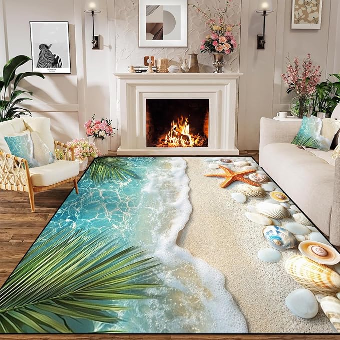 6'x9' Beach Rug Starfish Seashell Area Rugs for Bedroom Living Room Kitchen Nursery Playroom Home Decor Ocean Sea Wave Carpt 3D Non Slip Washable Throw Rug Coastal Seaside Floor Mat