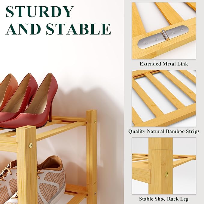 Smiry Shoe Rack, 6 Tier Bamboo Shoe Organizer, Stackable Free Standing Wooden Shoe Storage Shelf for Closet, Entryway, Front Door Entrance, Natural