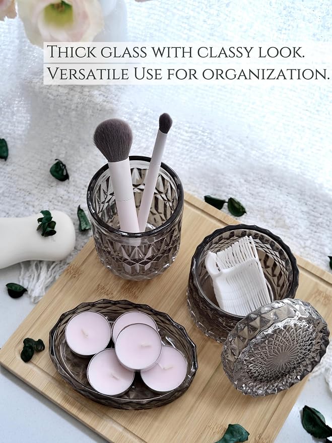 LaMarriti Gray Bathroom Accessories Set, 5Pcs Glass Bathroom Set, Soap Dispenser and Toothbrush Holder Set, Soap Dish, Q-Tips Holder Set, Black and Gold Accent for Vintage Bathroom Decor