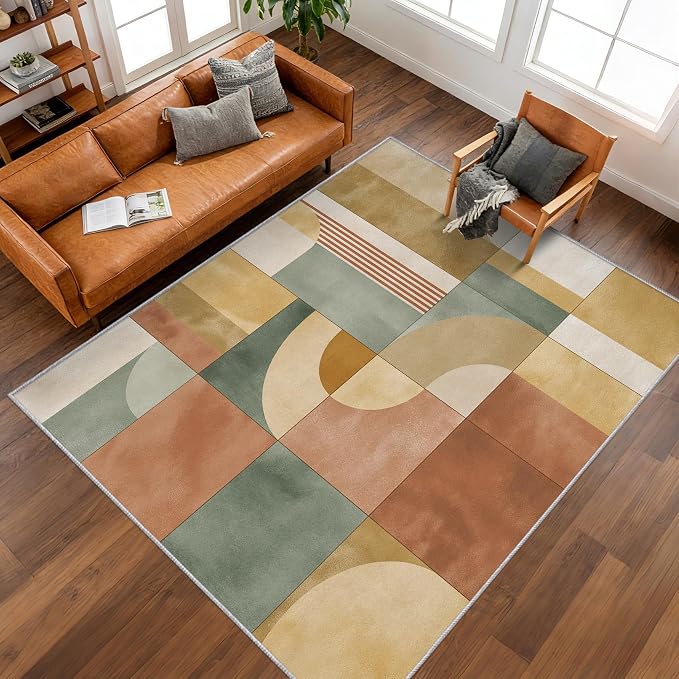 5x8 Mid Century Modern Rugs for Bedroom Decor, Washable Abstract Geometric Pattern Area Rug, Living Room Home Decoration, Non Slip Soft Thin, Mid Century Decor Carpet PF-P 117