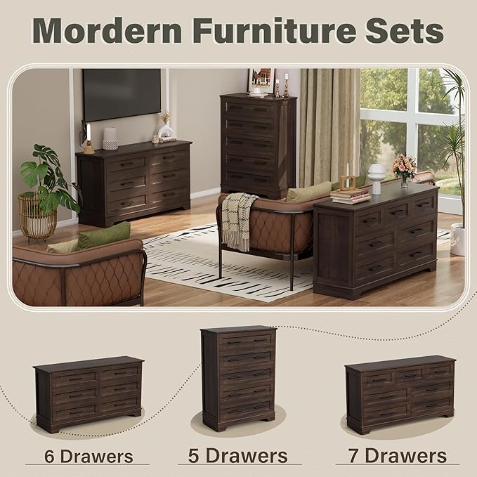 YESHOMY Tall Dresser for Bedroom, Farmhouse 5 Drawers Dresser, Chest of Drawer Chest, Multi-Tier Clothing Storage Cabinet, Brown