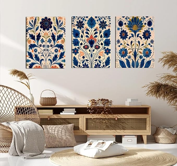3 Pcs Blue Boho Flower Canvas Wall Art, Floral Painting Poster Wall Decor,Wildflower Botanical Picture for Wall Living Room Bathroom Bedroom Home Decoration 16*24 in (Stretched Canvas on A Wooden Frame)