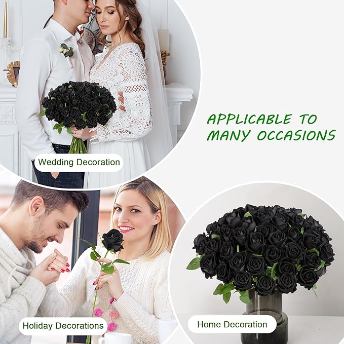Fake Plants Roses Flowers Plastic Flowers Spring Decorations for Home Gifts for Gf Roses Artificial Flowers for Vase Fake Flowers Home Decor 19.6"(Black 50PCS)