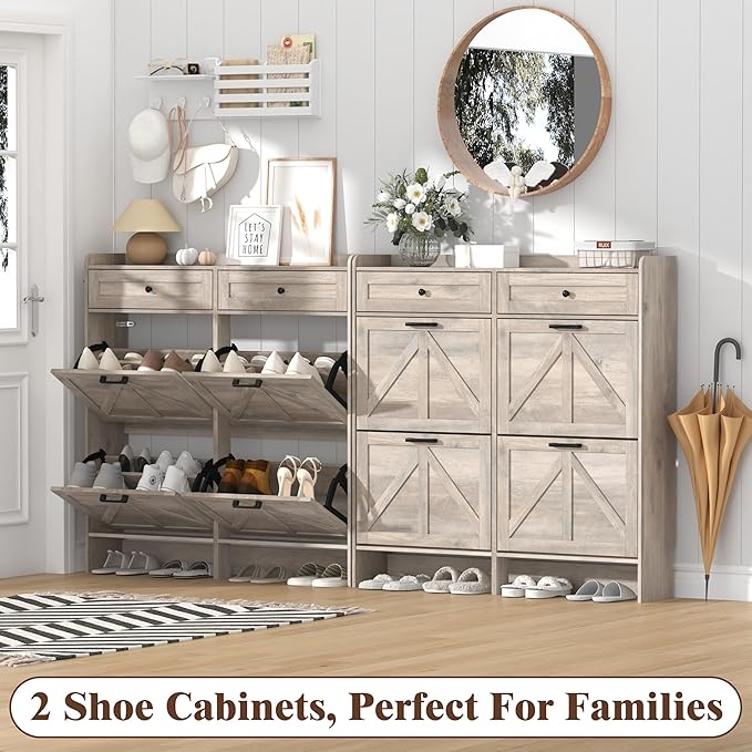 Thacuok Shoe Cabinet with 4 Flip Drawers & 2 Storage Drawers, Rustic Farmhouse Narrow Shoe Organizer Cabinet, Slim Shoe Rack Cabinet, Shoe Storage Cabinet for Entryway, Hallway, Front Door