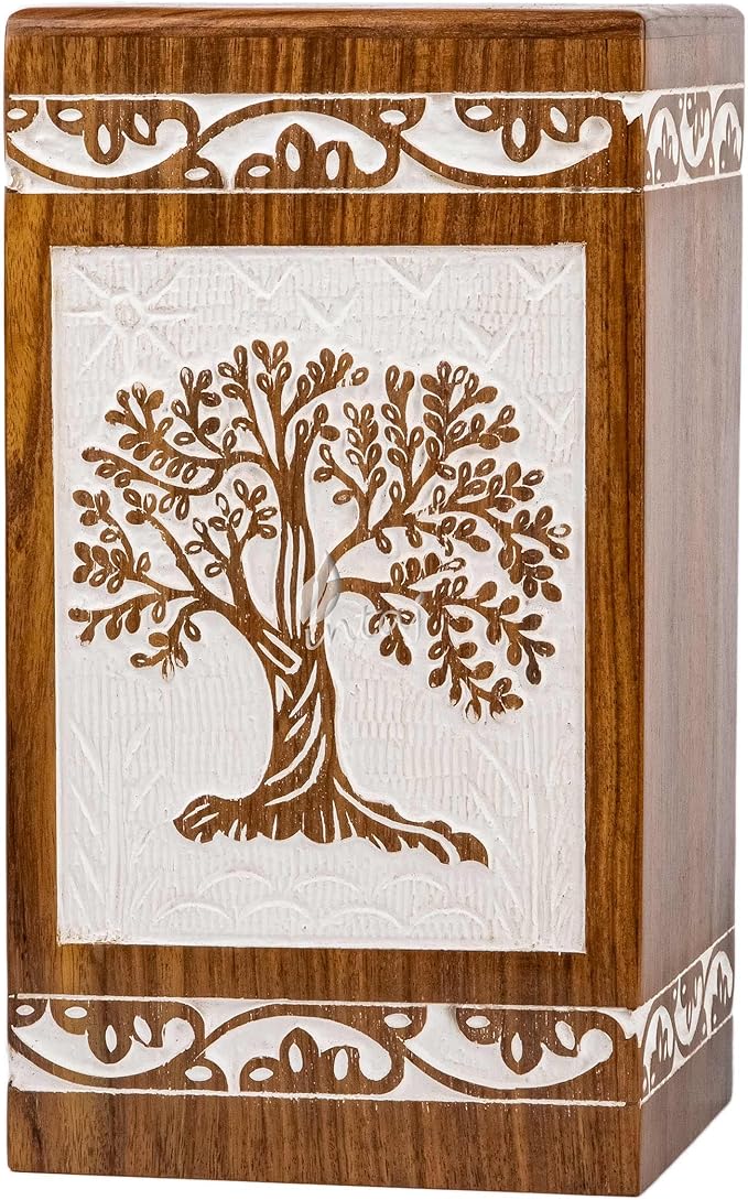 INTAJ Wooden Keepsake Cremation Urn for Human & Pet Ashes - Mini Tree of Life Urn Box & Casket - Holds 20 Cubic Inch