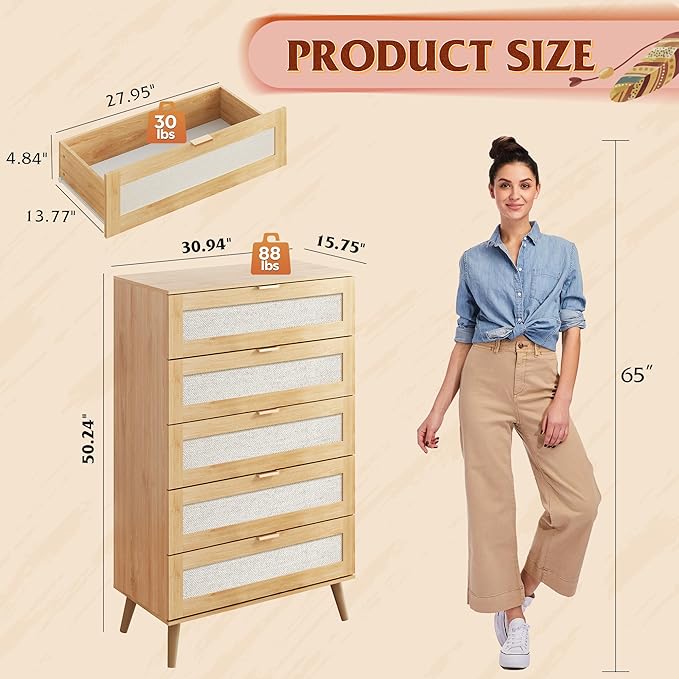 WLIVE Rattan Dresser for Bedroom, 50" Tall 5 Drawer Wooden Chest of Drawers, Boho Dresser Closet Storage Organizer for Living Room, Hallway, Light Oak