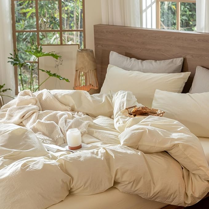 MooMee Wavy Striped Duvet Cover Set 100% Washed Cotton Linen Like Textured Breathable Durable Soft Comfy (Cream White, Oversized Queen 98"x98")